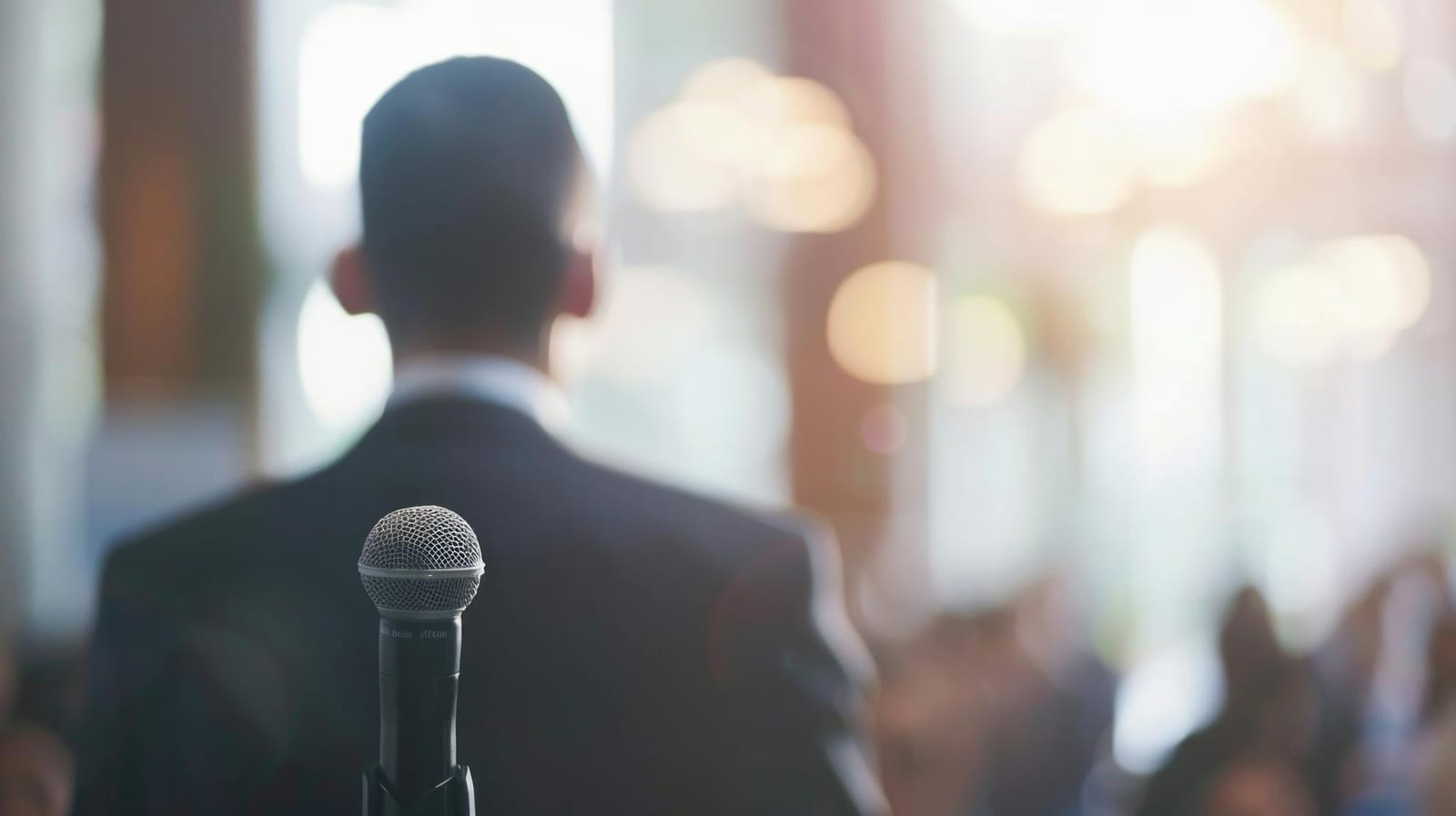 Relatore che parla a un pubblico seduto durante un seminario